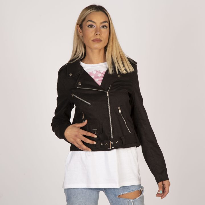 W-NRLWJ006-V5   Ladies leather jackets made of black fabrick with silver accessories – Image 2