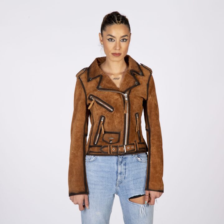 W-NRLWJ066-S1 LADIES LEATHER JACKETS MADE OF BROWN SUEDE LEATHER WITH SILVER ACCESORIES – Image 2
