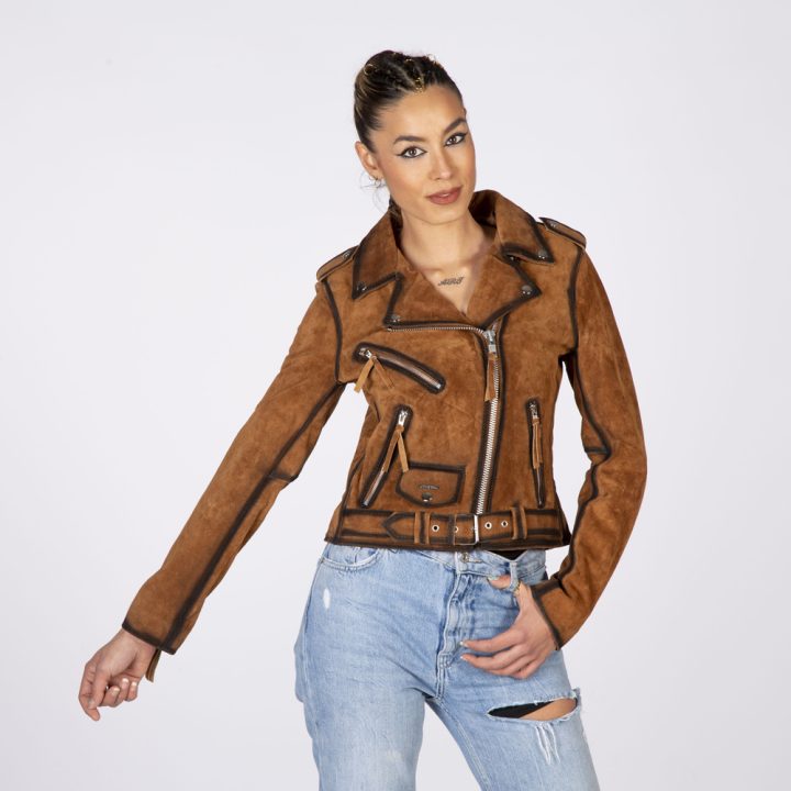 W-NRLWJ066-S1 LADIES LEATHER JACKETS MADE OF BROWN SUEDE LEATHER WITH SILVER ACCESORIES – Image 3