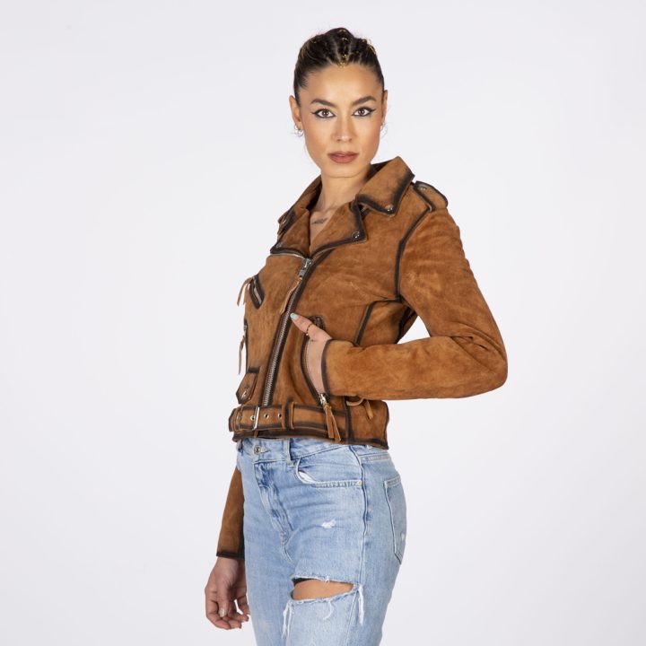 W-NRLWJ066-S1 LADIES LEATHER JACKETS MADE OF BROWN SUEDE LEATHER WITH SILVER ACCESORIES – Image 4
