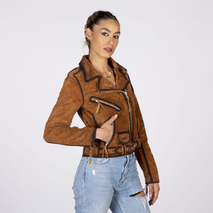 W-NRLWJ066-S1 LADIES LEATHER JACKETS MADE OF BROWN SUEDE LEATHER WITH SILVER ACCESORIES – Image 5