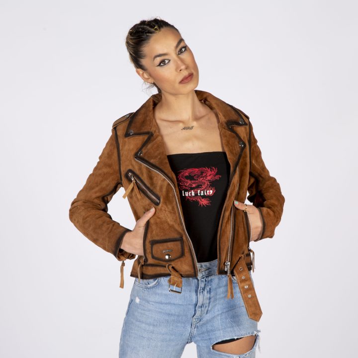 W-NRLWJ066-S1 LADIES LEATHER JACKETS MADE OF BROWN SUEDE LEATHER WITH SILVER ACCESORIES – Image 7