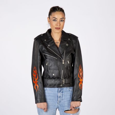 W-NRLWJ067-S1 WOMENS RED STRIPE BRANDO JACKET, red flames,  con  fuegos