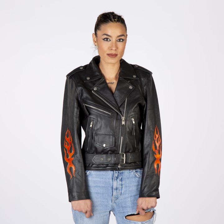 W-NRLWJ067-S1 WOMENS RED STRIPE BRANDO JACKET, red flames,  con  fuegos