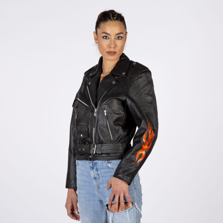 W-NRLWJ067-S1 WOMENS RED STRIPE BRANDO JACKET, red flames,  con  fuegos – Image 2