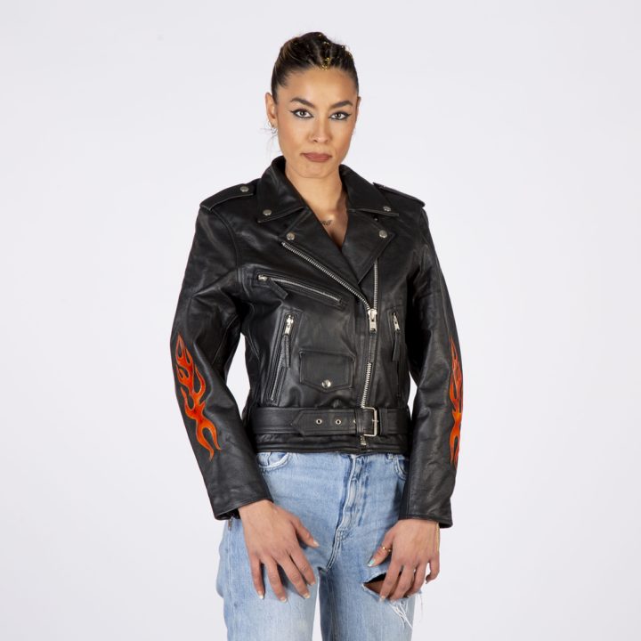 W-NRLWJ067-S1 WOMENS RED STRIPE BRANDO JACKET, red flames,  con  fuegos – Image 3