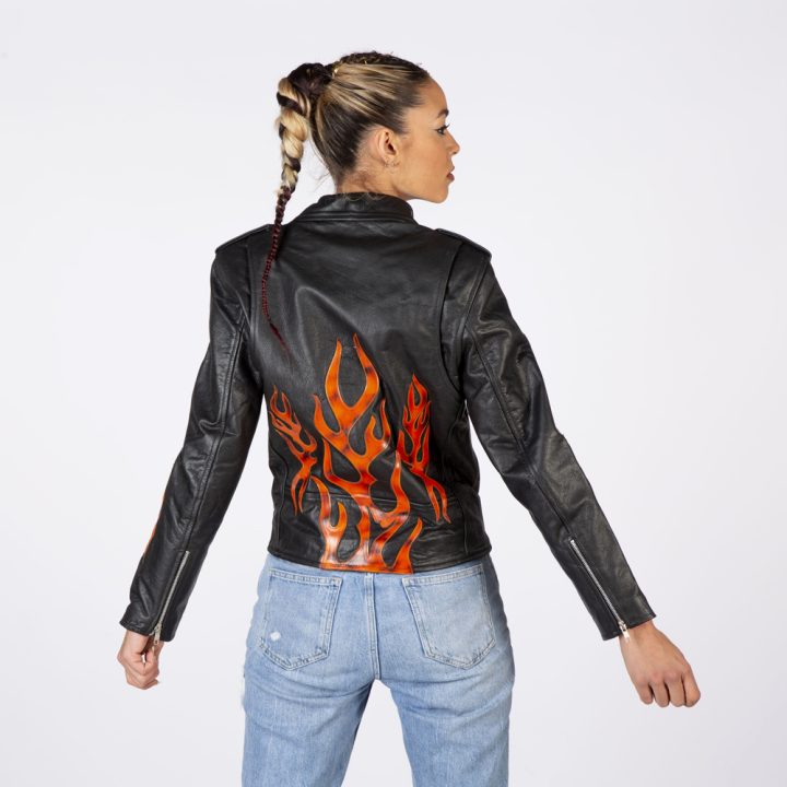 W-NRLWJ067-S1 WOMENS RED STRIPE BRANDO JACKET, red flames,  con  fuegos – Image 4