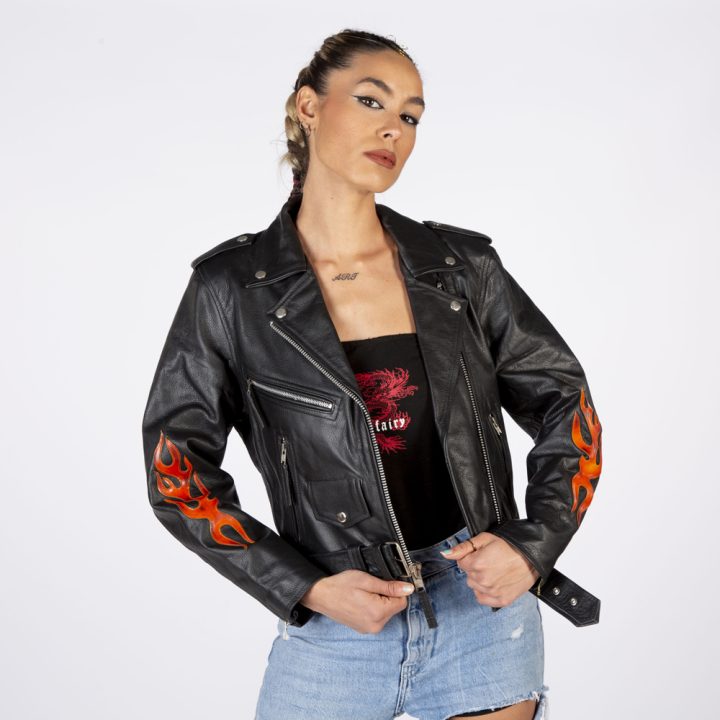 W-NRLWJ067-S1 WOMENS RED STRIPE BRANDO JACKET, red flames,  con  fuegos – Image 6